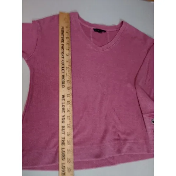 Jane + Delancey Pink Waffle Knit Top Button Cuff V-Neck Pullover Thermal L - Picture 3 of 12
